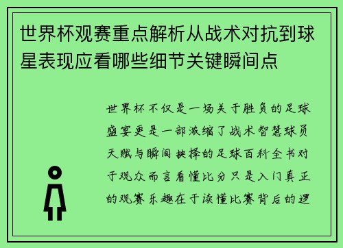 世界杯观赛重点解析从战术对抗到球星表现应看哪些细节关键瞬间点