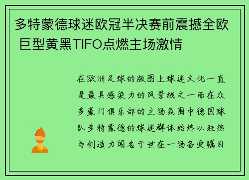 多特蒙德球迷欧冠半决赛前震撼全欧 巨型黄黑TIFO点燃主场激情