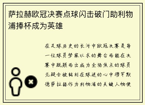 萨拉赫欧冠决赛点球闪击破门助利物浦捧杯成为英雄